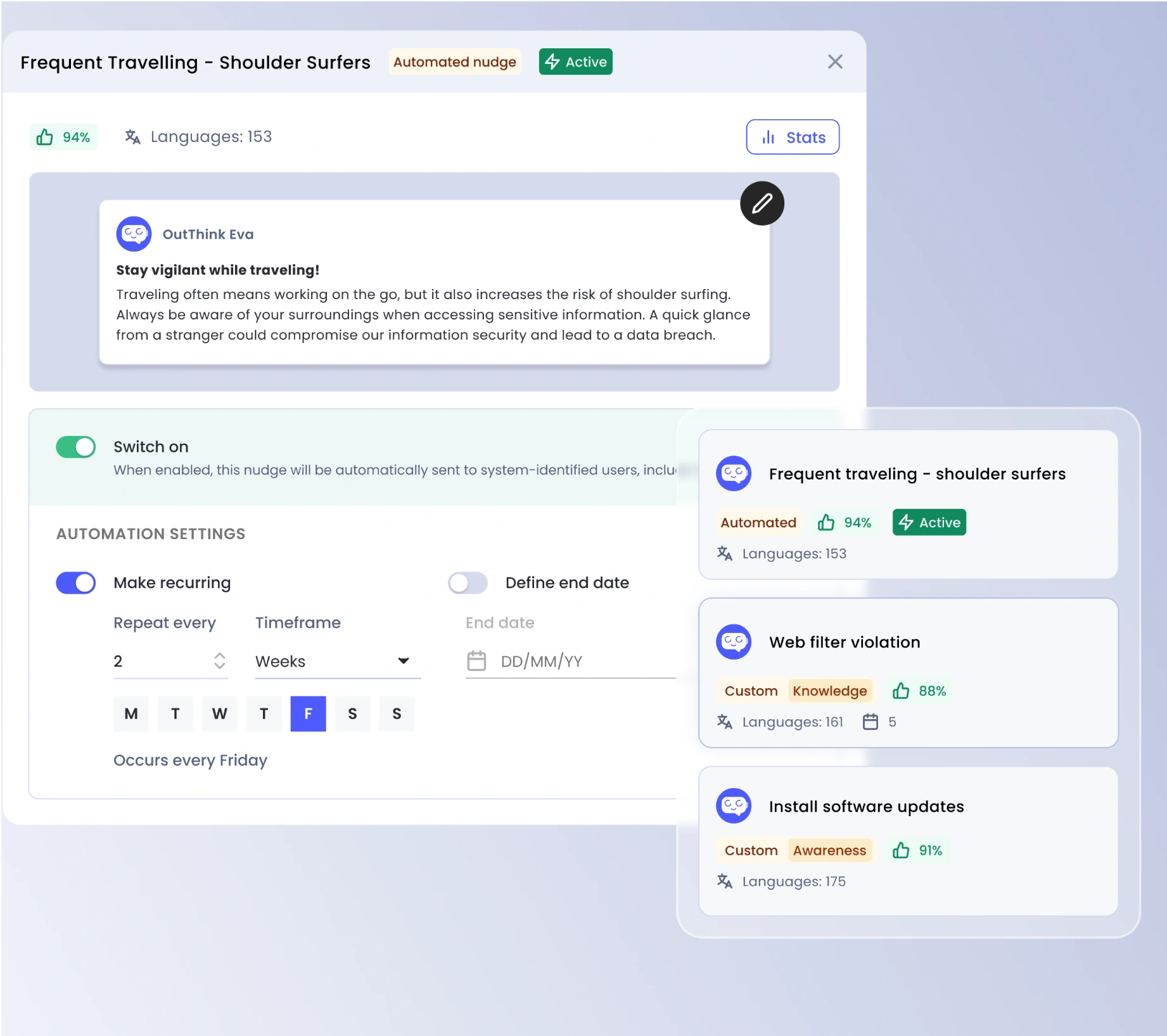 OutThink’s CyberIQ behavioral nudge interface displaying automated reminders, notifications, and activity reinforcement.